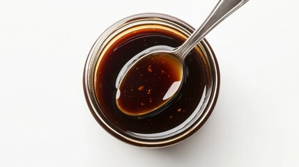 A jar of tangy hoisin sauce with a rich, savory-sweet flavor and a hint of garlic, Each spoonful’s glossy texture and umami depth captured with precision