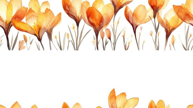 Watercolor frame featuring vibrant yellow and orange crocuses on a clean white background perfect for spring themed designs and wedding invitations