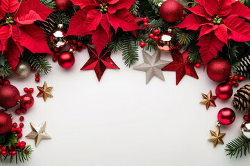 Festive Christmas Border with Red Poinsettias, Ornaments, Pine Cones, and Golden Stars on White Background for Holiday Celebrations