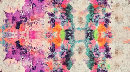 Seamless pattern of vibrant mixed media abstract artwork featuring a colorful pink purple and green design on a textured decorative plaster background