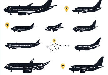 Vector Illustration of Different Aircraft Types, Flight Paths, and Navigation Pins for Transportation, Travel, and Aviation Concepts in Modern Design