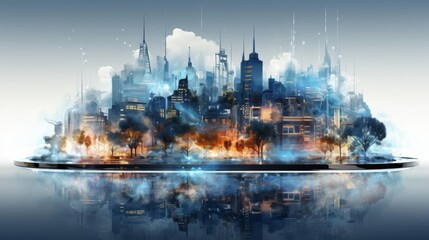 A cityscape with a large island in the middle of it