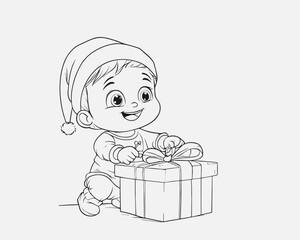 Christmas Celebration , cute baby checking Christmas gift box , vector illustration design.