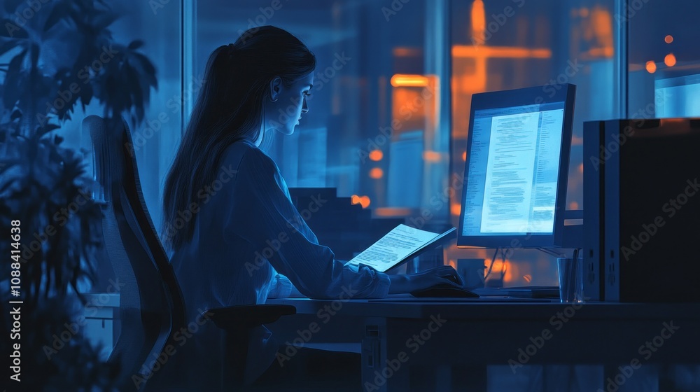 Poster a woman is sitting at a desk with a computer monitor and a book