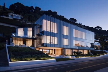 Obraz premium Sleek Facade of an Upscale Hillside Property with Contemporary Glazing and Opulent Ambiance