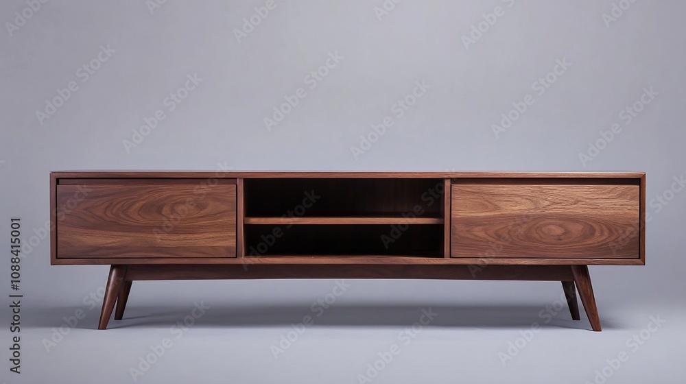 Poster elegant walnut tv unit with functional storage compartments against a gray background
