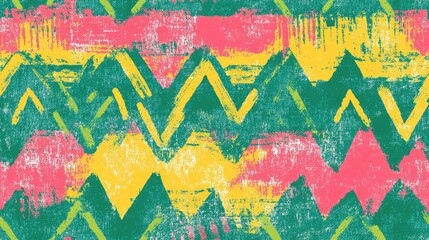 Colorful seamless pattern featuring a blend of aqua ethnic motifs yellow pink textured brush strokes and green zigzag designs for vibrant decor or textile applications