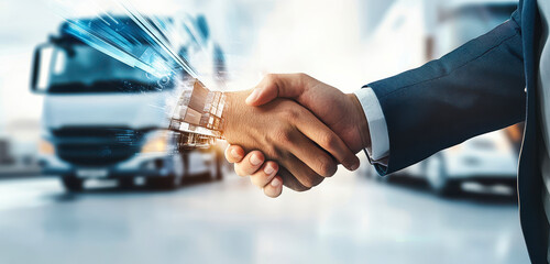 Fototapeta premium Global Logistics and Transportation Partnership: Business Handshake with Smart Supply Chain Technology