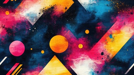 Naklejka premium Vibrant seamless pattern featuring abstract geometric shapes and watercolor effects ideal for textile design and creative projects