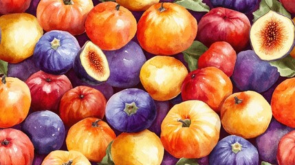 Seamless watercolor pattern showcasing vibrant autumn fruits including persimmons and figs ideal for fabric design home decor food related products