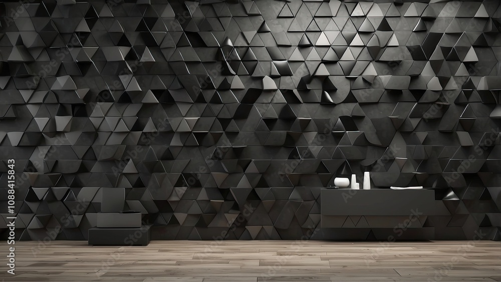 Poster tiled wall background with a semigloss polish. triangular, tile wallpaper with 3d, black blocks. 3d 