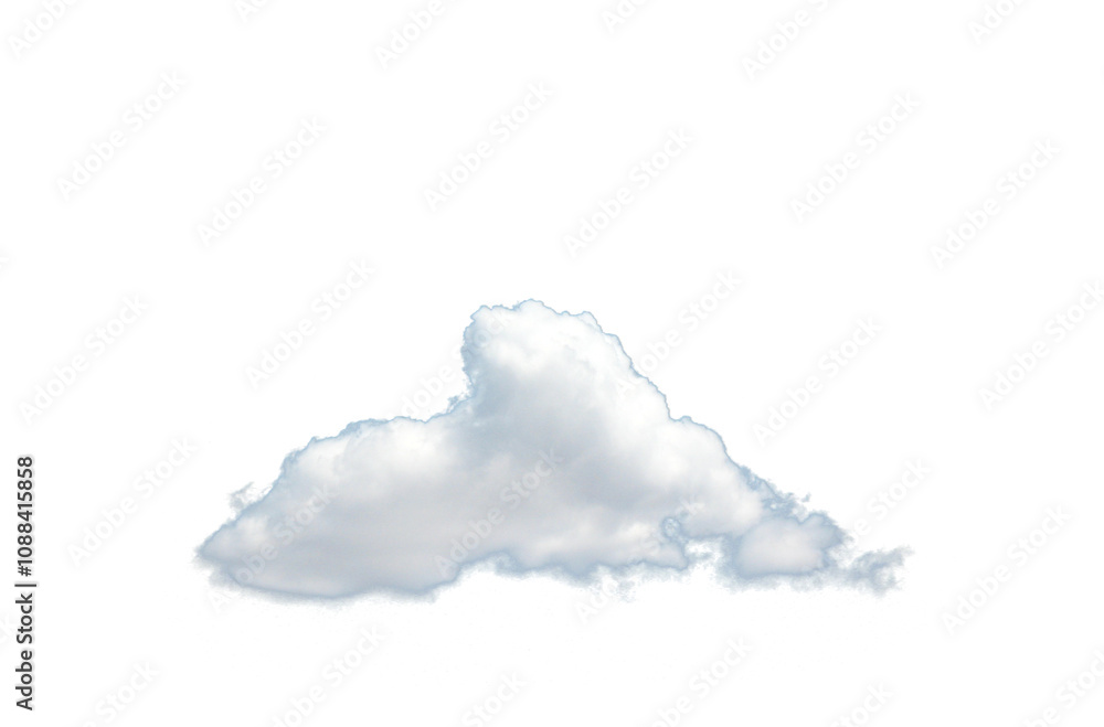 Poster A fluffy white cloud is shown in the picture, isolated on a transparent background. The cloud has soft edges and a realistic appearance. Concept of weather or sky elements