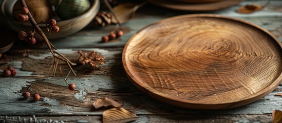 Handcrafted Wooden Plate on Rustic Wood Background