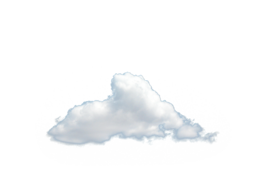 A fluffy white cloud is shown in the picture, isolated on a transparent background. The cloud has soft edges and a realistic appearance. Concept of weather or sky elements