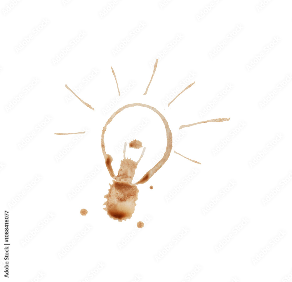 Poster a coffee stain resembling a glowing light bulb with rays on a white background. represents creativit