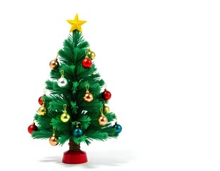 Christmas, tree, artificial, small, ornaments, mini, holiday, festive, decoration, isolated, background, white, seasonal, celebration, winter, miniature, decor, cheerful, traditional, cozy, joyful