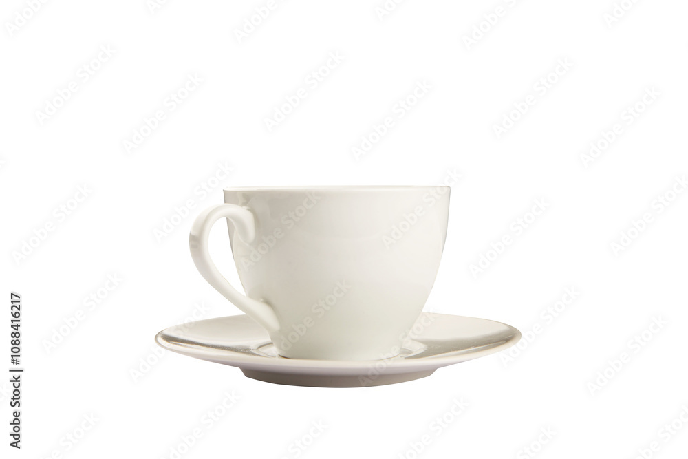 Poster A simple white ceramic cup with a matching saucer is displayed on a clean white background. The image presents a minimalist design concept