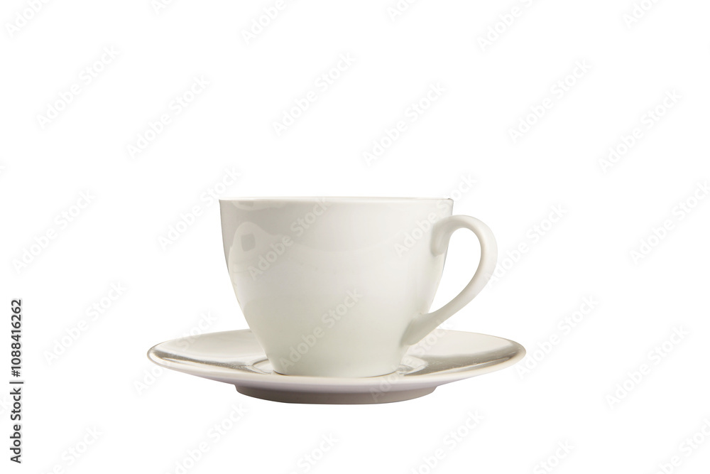 Poster white ceramic cup with matching saucer, closeup image on a white background. perfect for drinkware o