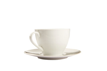 A simple white ceramic cup with a matching saucer is displayed on a clean white background. The image presents a minimalist design concept