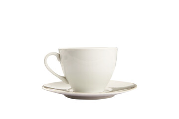 A ceramic cup with a matching saucer is shown side view. Isolated on a white background. Ideal for templates, layouts, or product presentations