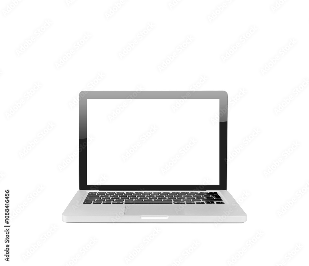 Poster a laptop with a blank screen shown on a white background. clean and simple layout, ideal for mockups