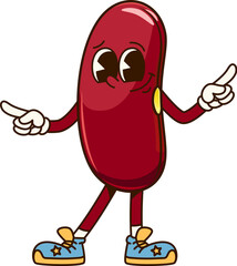 Groovy bean vegetable character. Isolated cartoon vector red kidney bean seed retro personage with expressive eyes, wearing vintage sneakers, posing with gesturing with fingers exudes funky vibes