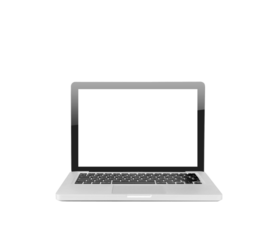 A laptop with a blank screen shown on a white background. Clean and simple layout, ideal for mockups, design templates, and display purposes