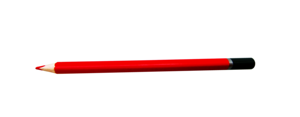 A bright red pencil with a sharpened tip andend, displayed horizontally on a clean white background. Represents creativity, education, or writing