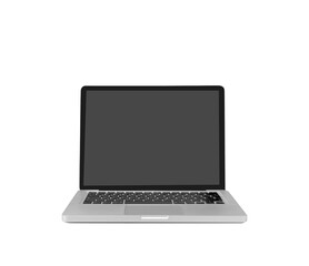Silver laptop with blankscreen shown on a white background. Perfect for use as a template, design layout, or technology display mockup
