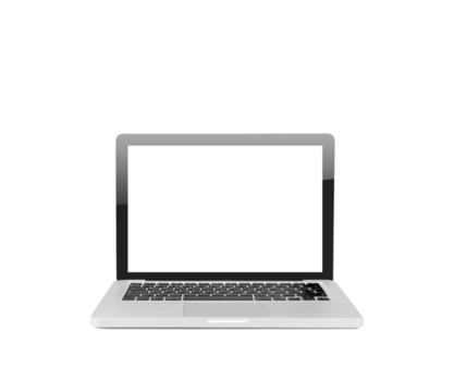 A laptop with a blank screen shown on a white background. Clean and simple layout, ideal for mockups, design templates, and display purposes - Powered by Adobe