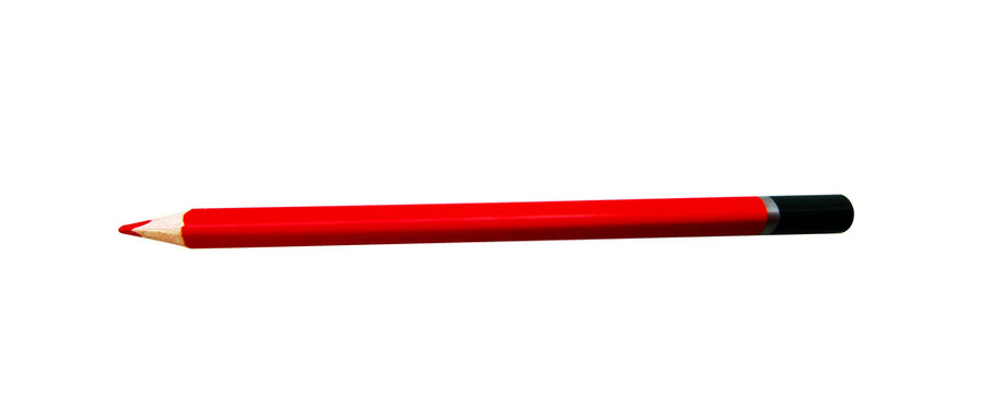 A bright red pencil with a sharpened tip andend, displayed horizontally on a clean white background. Represents creativity, education, or writing