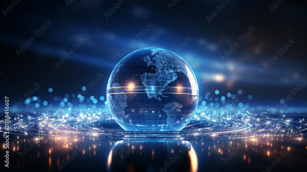 Canvas Prints a globe is floating on a dark blue surface with a lot of lights surrounding it