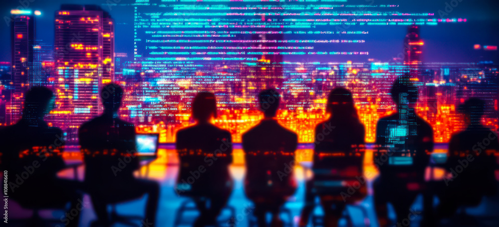 Poster hacker group analyzing programming code against urban skyline at night