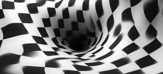 Optical Illusion Abstract Design with Black and White Checkered Pattern Creating Visual Depth