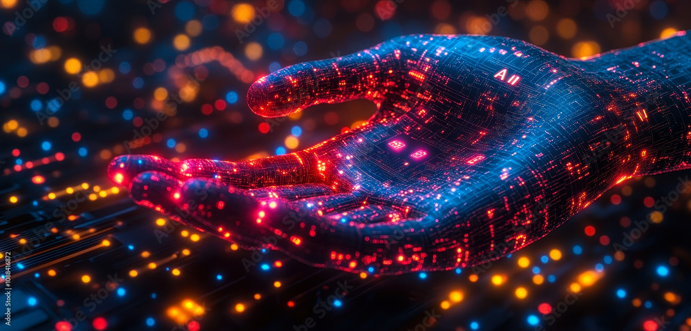 Poster futuristic ai circuit network in hand symbolizing advanced machine learning technology