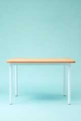 Fototapeta premium Minimalist Wooden Desk with White Metal Legs on Light Blue Background