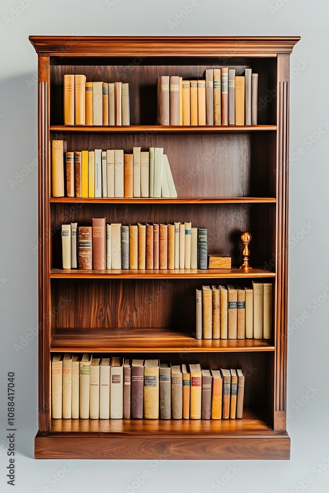 Poster neatly organized walnut bookshelf filled with arranged books on plain gray background