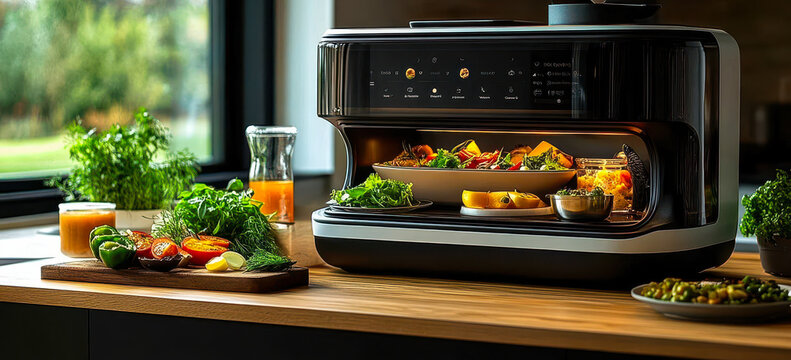 AI-Driven Smart Kitchen Appliance Offering Real-Time Recipe Suggestions with Fresh Ingredients