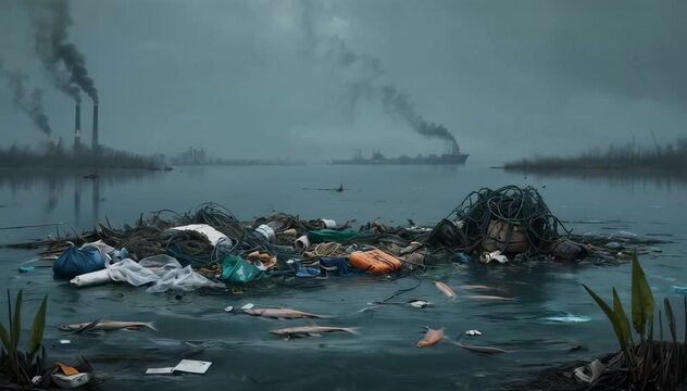 A grim depiction of water pollution, showing dead fish amidst plastic and industrial waste. The scene reflects a somber reality of environmental damage.