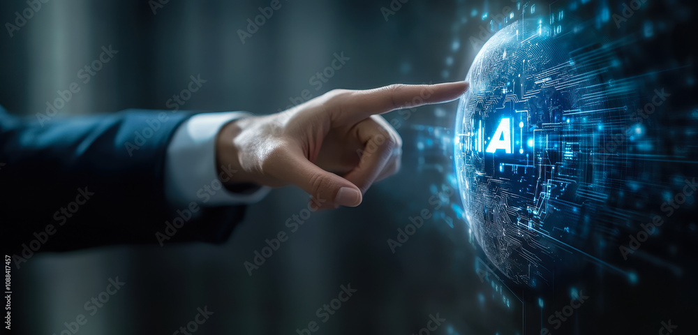 Poster businessman interacting with ai: innovation in machine learning and big data networking