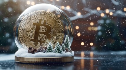 Bitcoin Festive New Year Concept. A snow globe featuring a Bitcoin symbol surrounded by miniature trees, set against a festive, snowy backdrop.