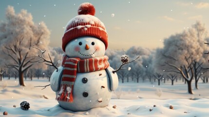 Obraz premium A snowman with a red hat and scarf is standing in the snow