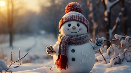 Obraz premium A snowman with a red scarf and a red hat is standing in the snow