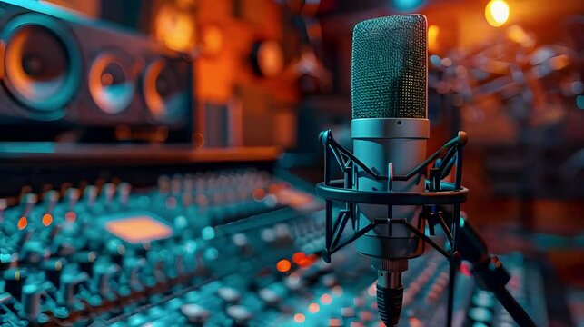 Recording studio with microphone and audio mixer.