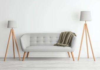 Modern minimalist living room featuring a stylish gray sofa with wooden legs, decorative blanket, and contemporary floor lamps in a bright, airy setting