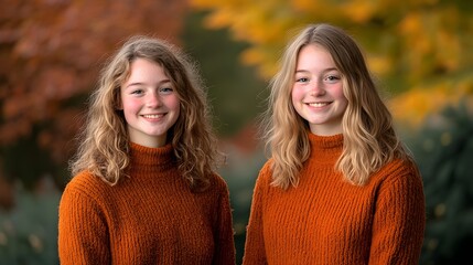 Twin sisters in matching autumn sweaters smiling outdoors