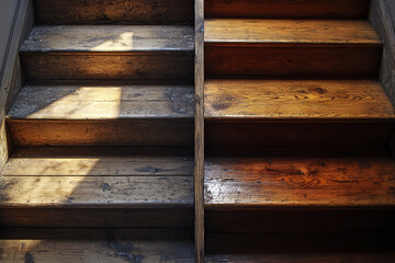 Damaged and restored wooden stairs in daylight