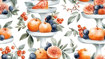 Seamless watercolor tiered tray pattern featuring cute illustrations ideal for logos stickers and various festive invitations