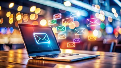 Long Exposure of Laptop User with Email Icons - Online Communication and Email Marketing Concept