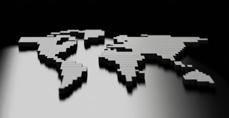 Abstract Pixelated World Map Representation in Monochrome with 3D Pixel Effects Against a Dark Background for Design and Educational Use